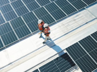 Two solar panel workers walking alongside panels