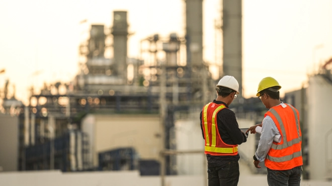 Two workers in front of a chemical plant