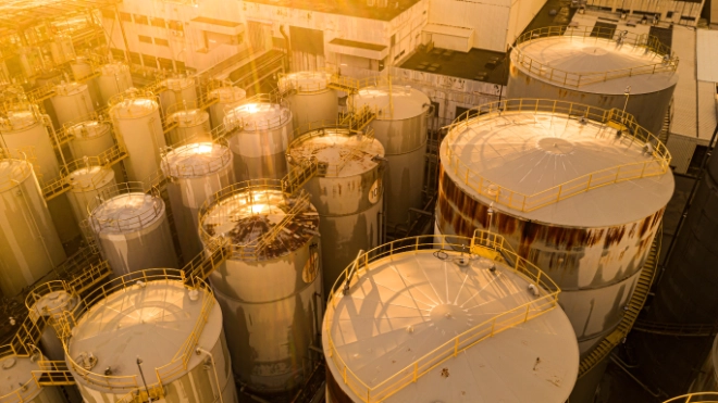 Chemical storage plant in the evening sunlight