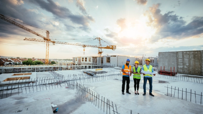 Group of construction workers on a roof top 