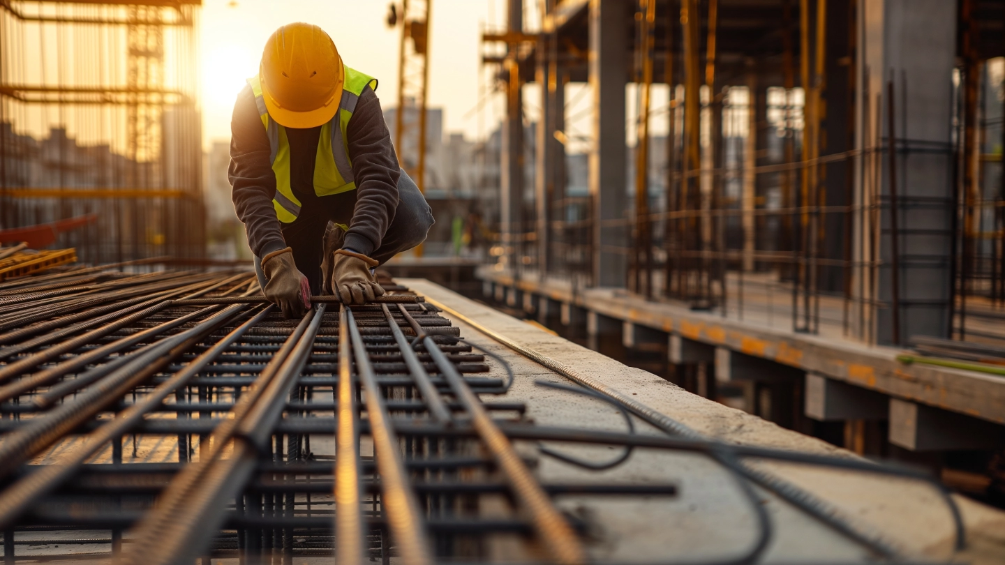 Safety worker working on a construction site at sunset image