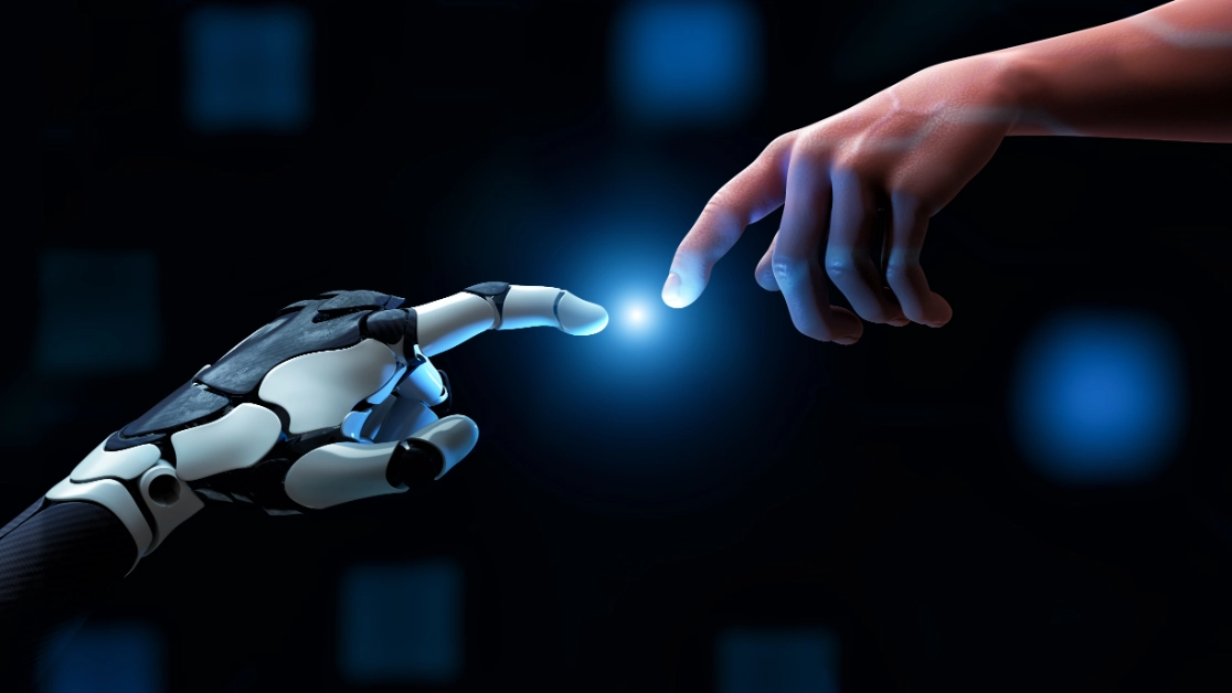 AI Robotic arm making contact with human hand